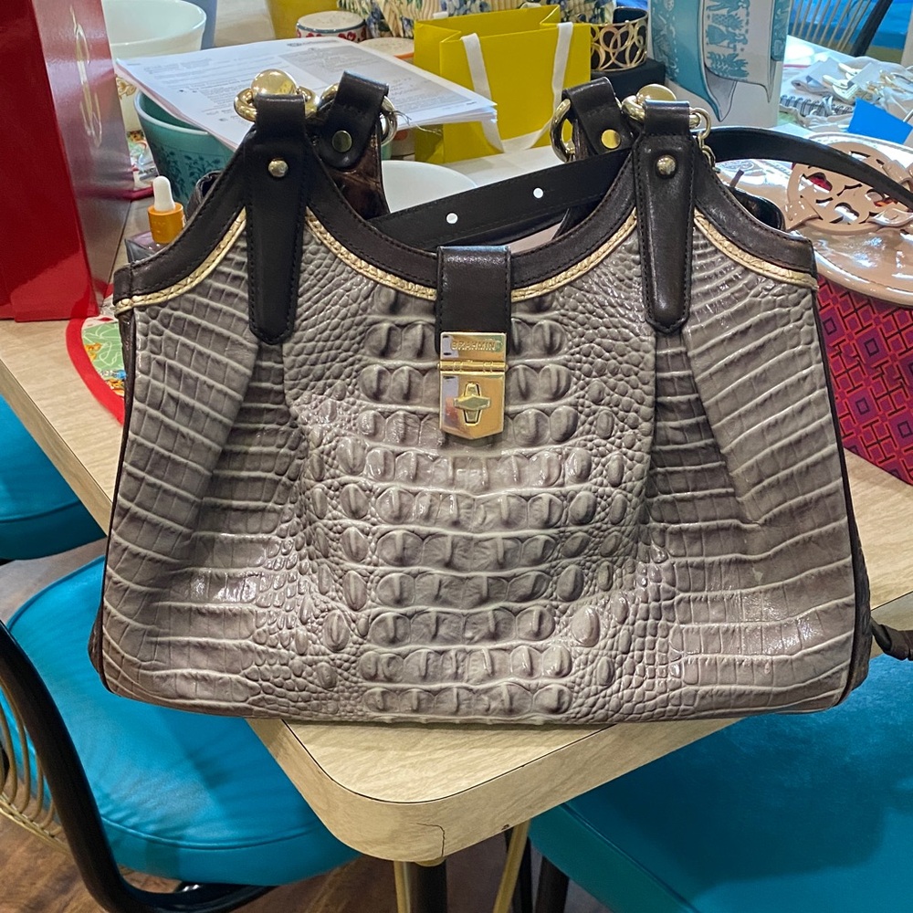 Brahmin Metallic Gray and brown Crocodile-Embossed Shoulder Bag and Wallet - Picture 9 of 10